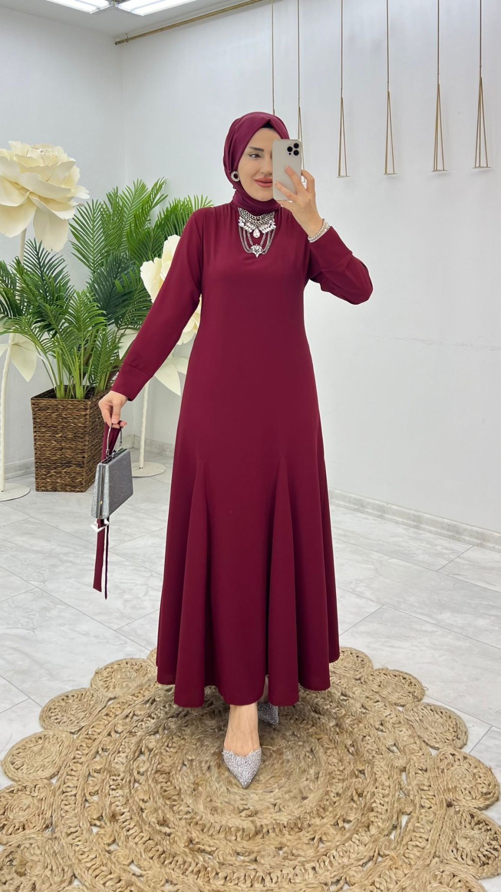 Bordo Özel Tasarım Sena Elbise Tesettür Giyim — Bordo