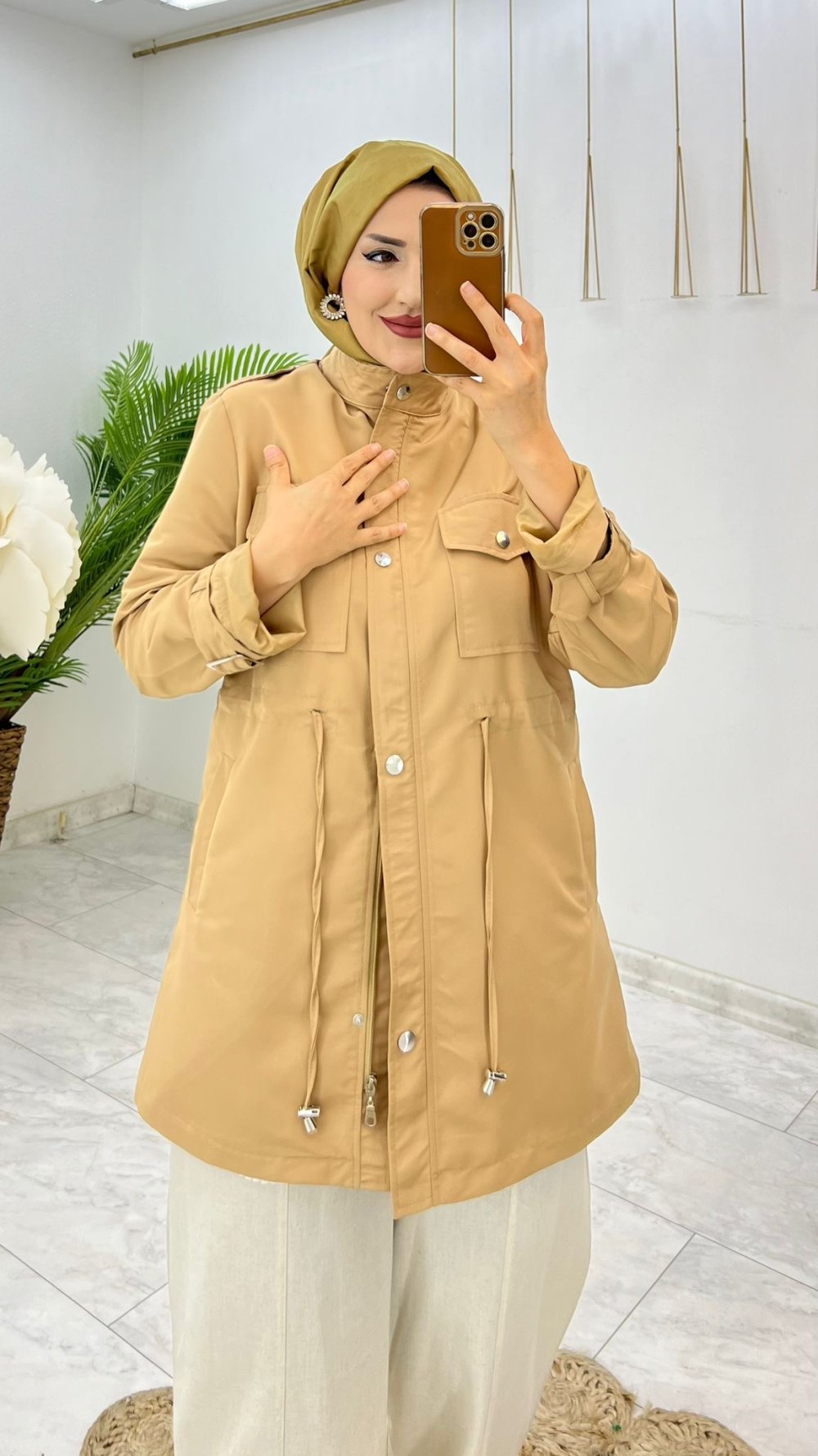 Camel Canan Astarlı Trench Tesettür Giyim — Camel
