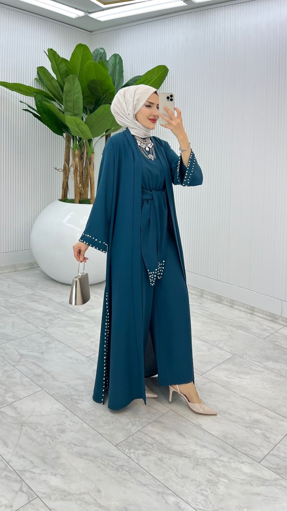 Petrol Premıum Faya Abaya Tulum Takım Tesettür Giyim — Petrol Mavisi