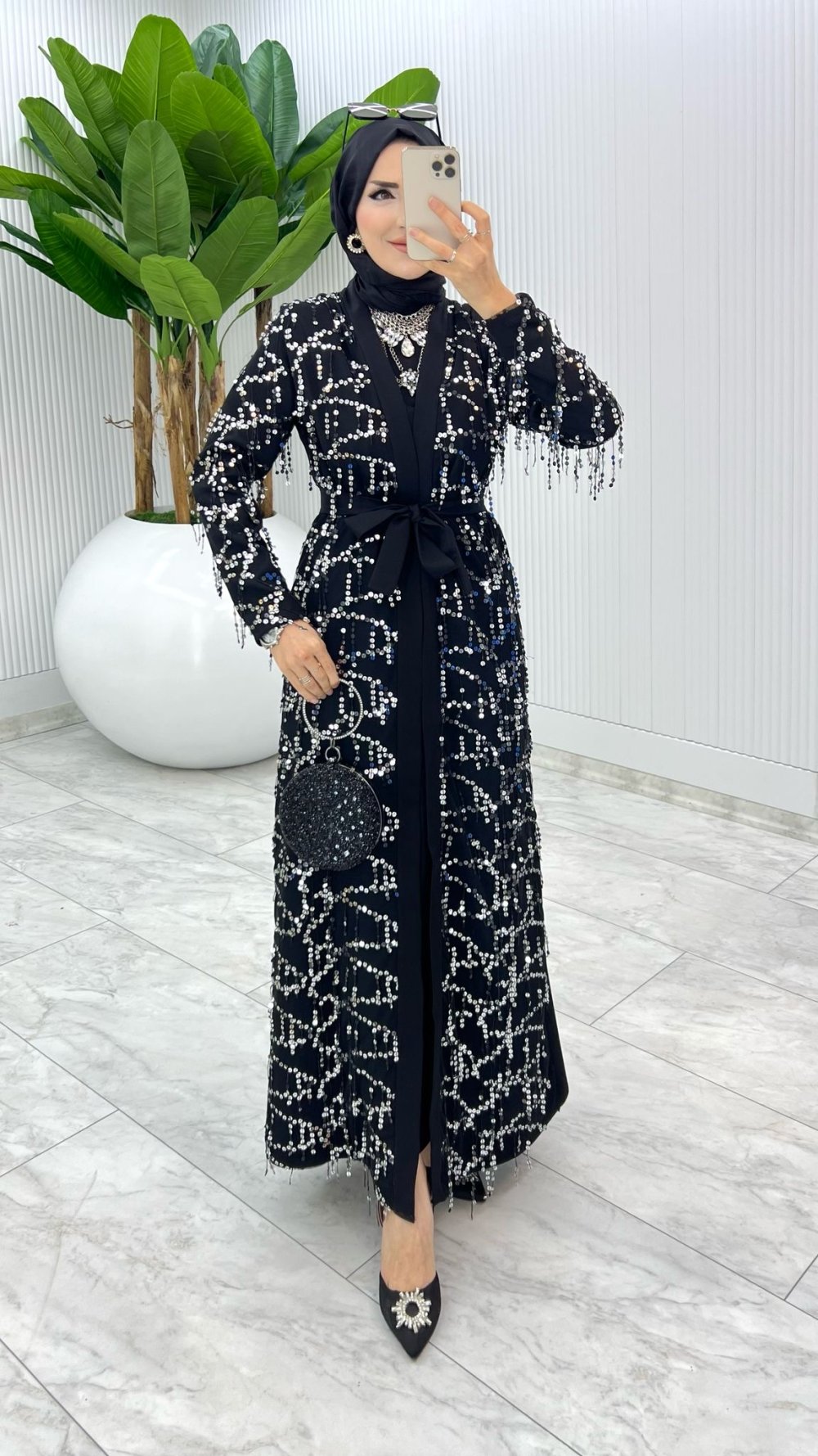 Siyah Karen Tasarım Abaya Takım Tesettür Giyim — Siyah
