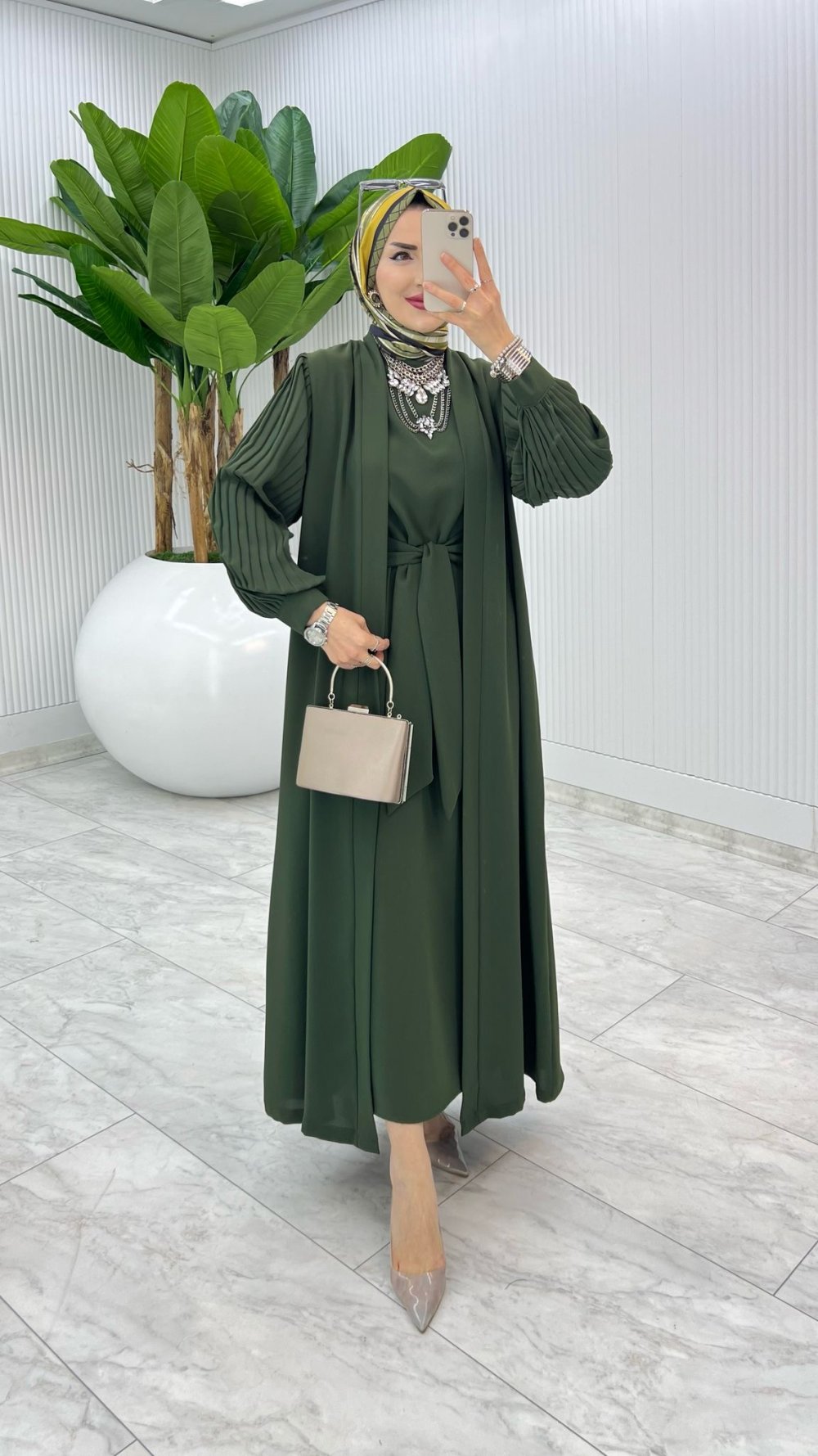 Haki Premium Melek Abaya Takım Tesettür Giyim — Haki