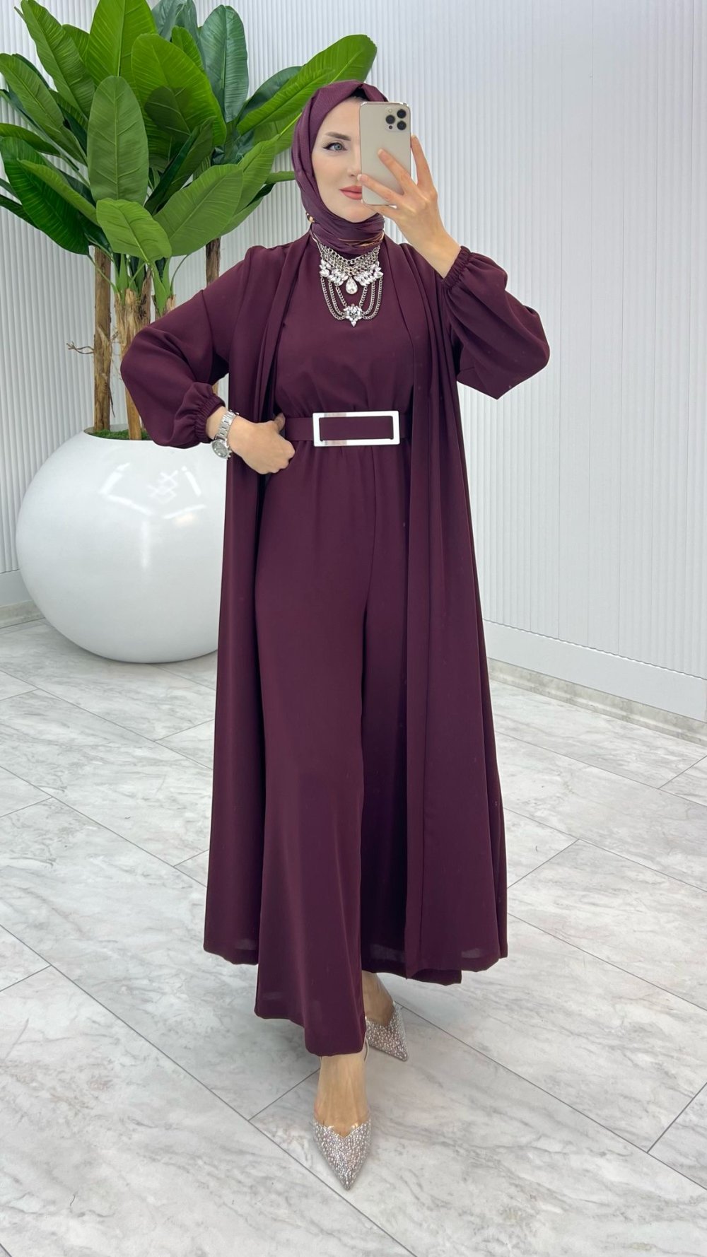 Bordo Premium Silva Tulumlu Abaya Takım Tesettür Giyim — Bordo