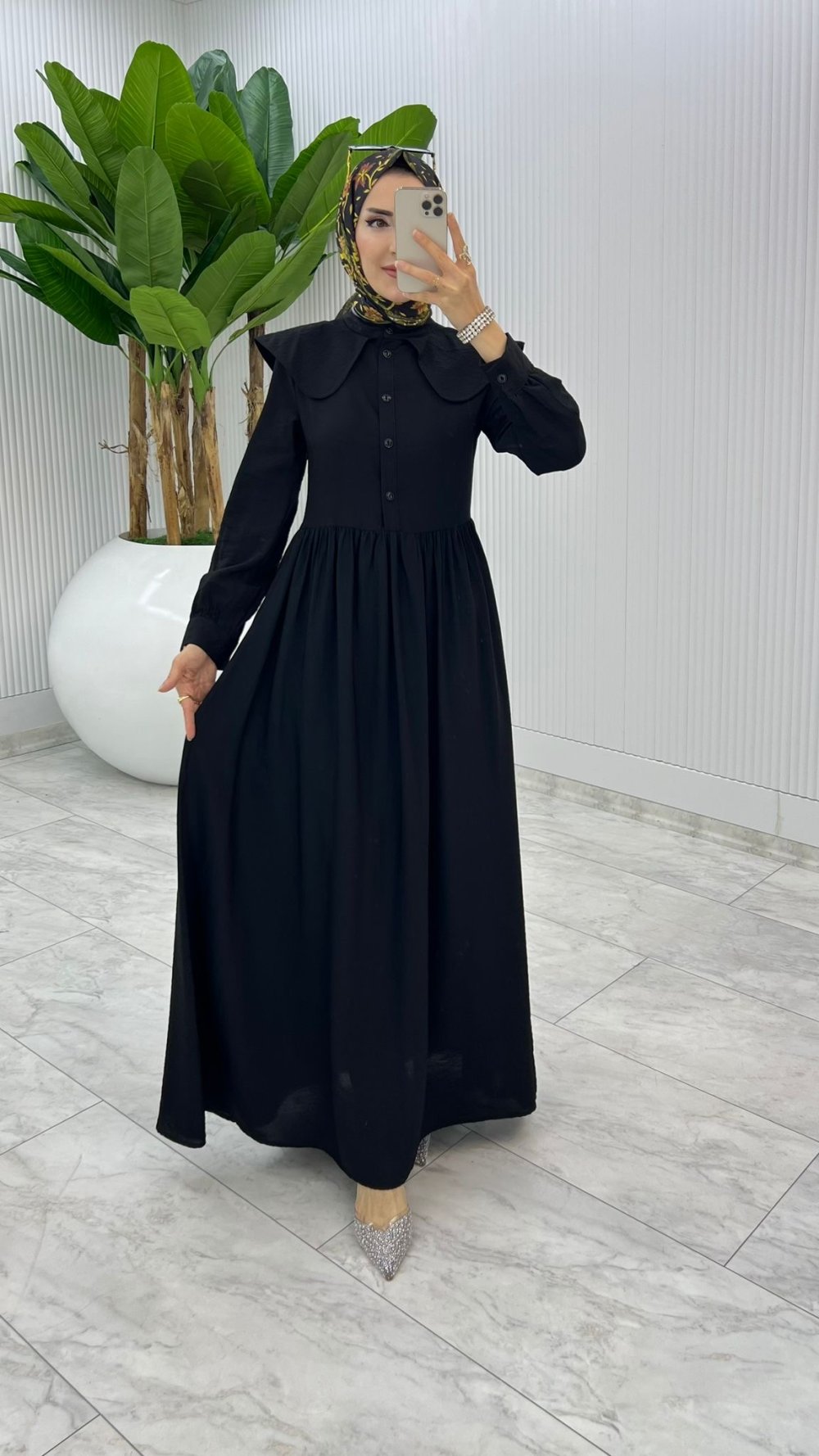 Siyah Premium Bebe Yaka Elbise Tesettür Giyim — Siyah