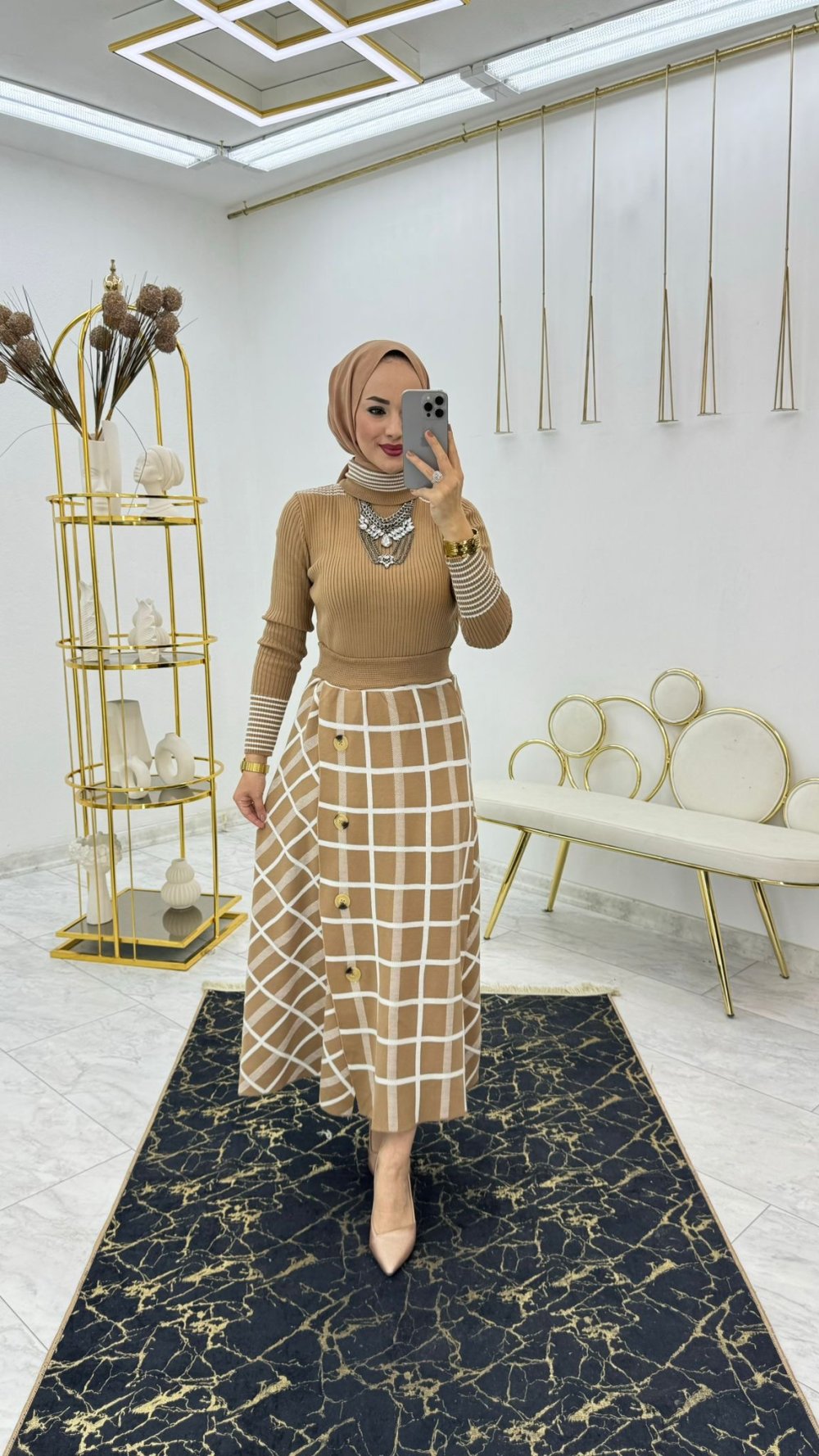Camel Ekose Triko Takım Tesettür Giyim — Camel