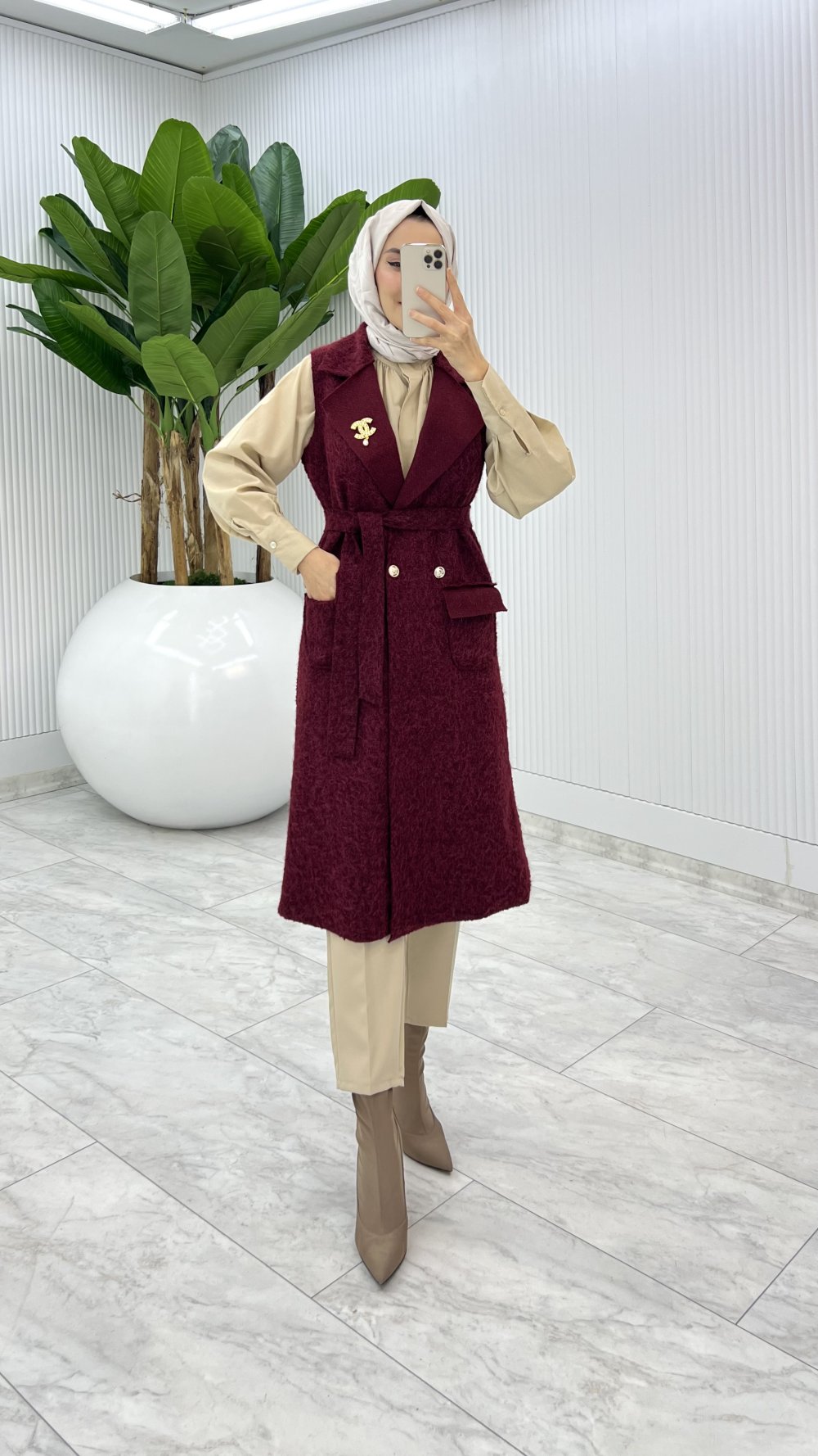 Bordo Fidan Channel Yelek Broş Hediyeli — Bordo