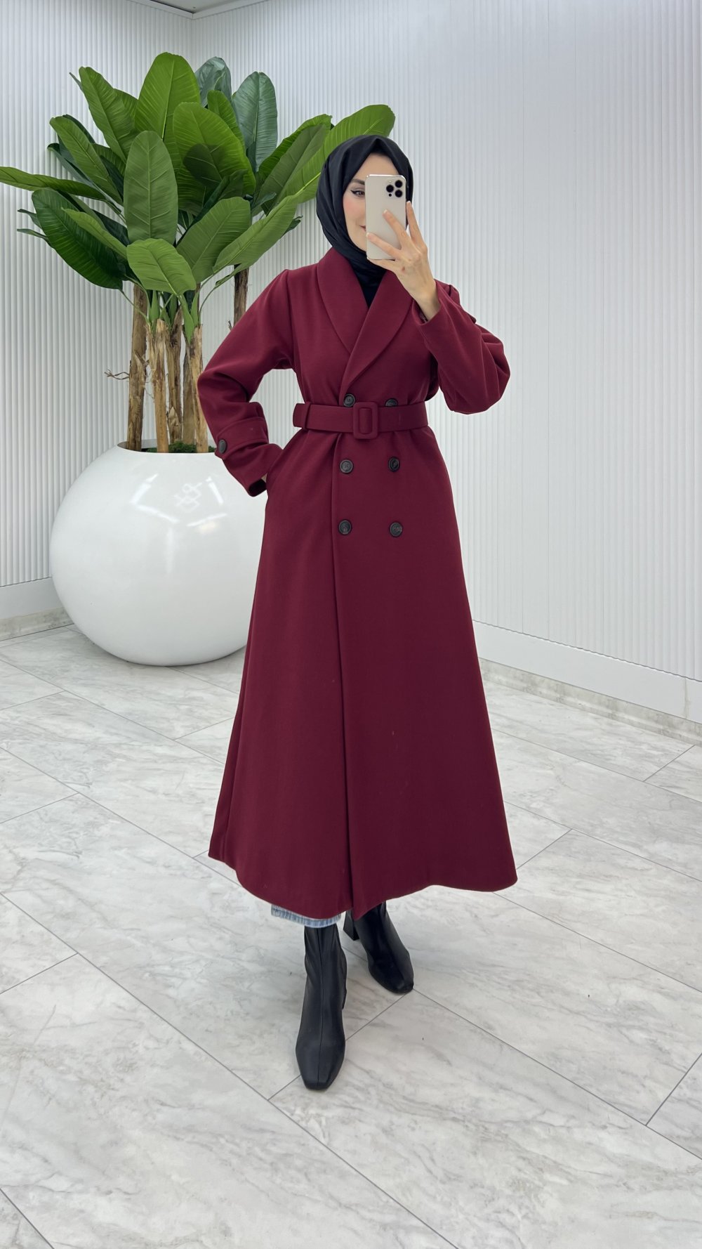 Bordo Premium Kaşe Kaban Tesettür Giyim — Bordo