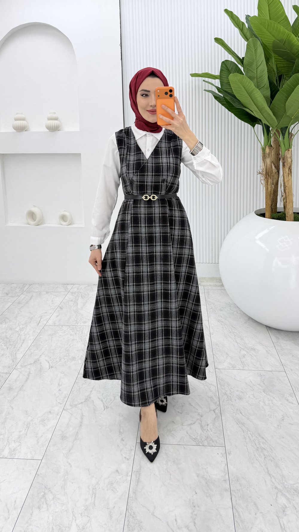 Siyah Leyla Ekose Jile Tesettür Giyim — Bordo