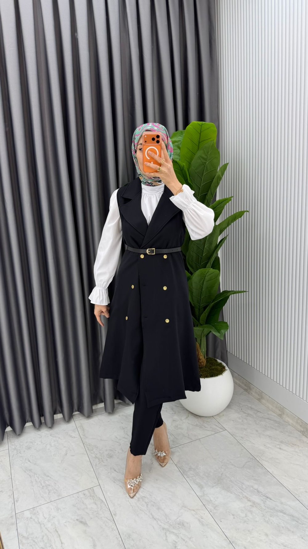 Siyah Tuğba Kemerli Yelek Takım Tesettür Giyim — Siyah