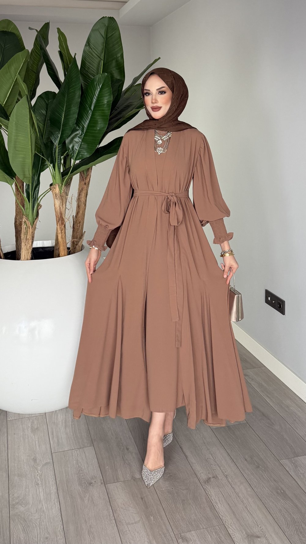 Mor Meşk Abaya Takım Tesettür Giyim — Kahverengi