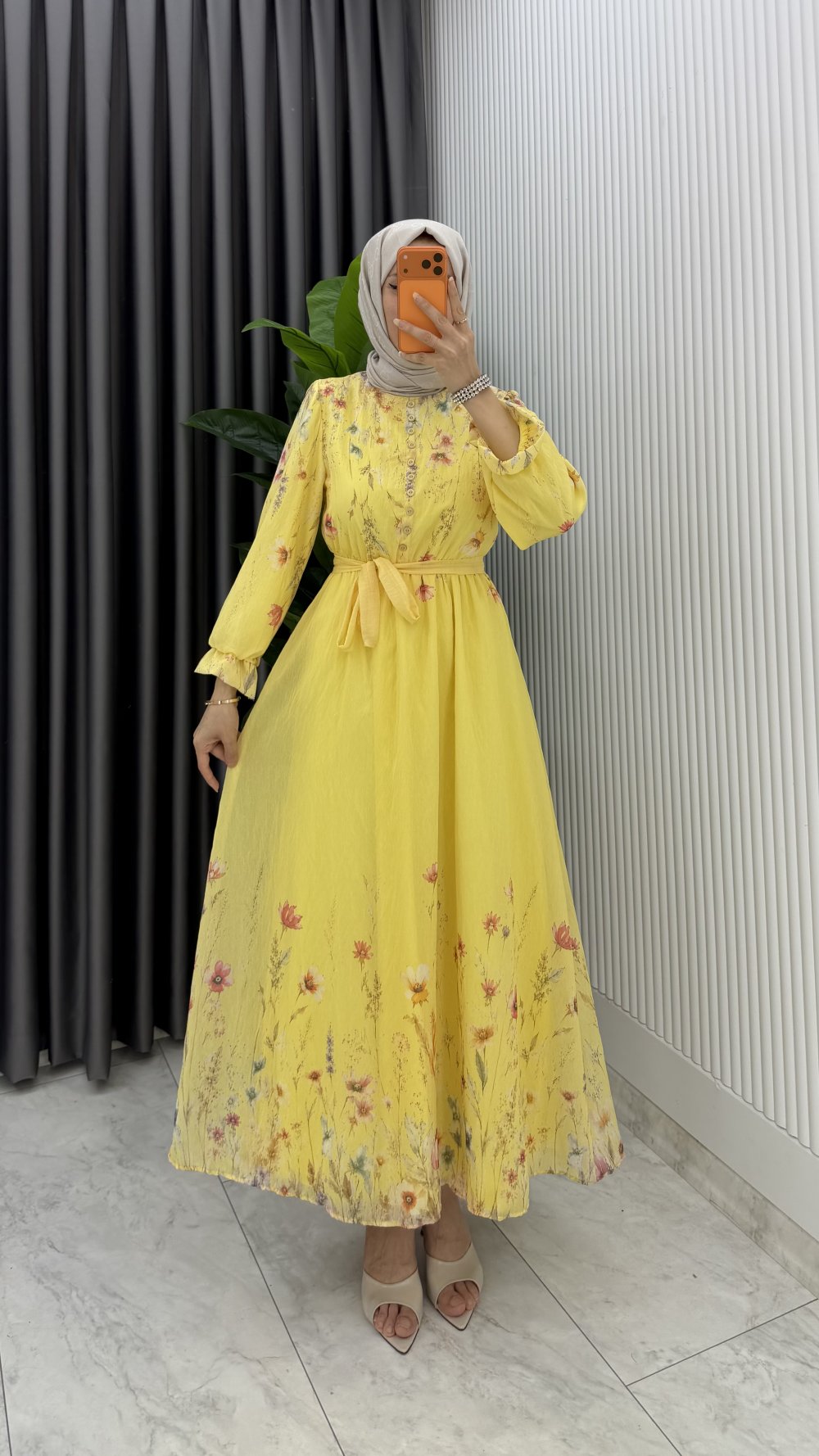 Sarı Gena Desenli Astarlı Çiçek Baskılı Tesettür Elbise — Sarı