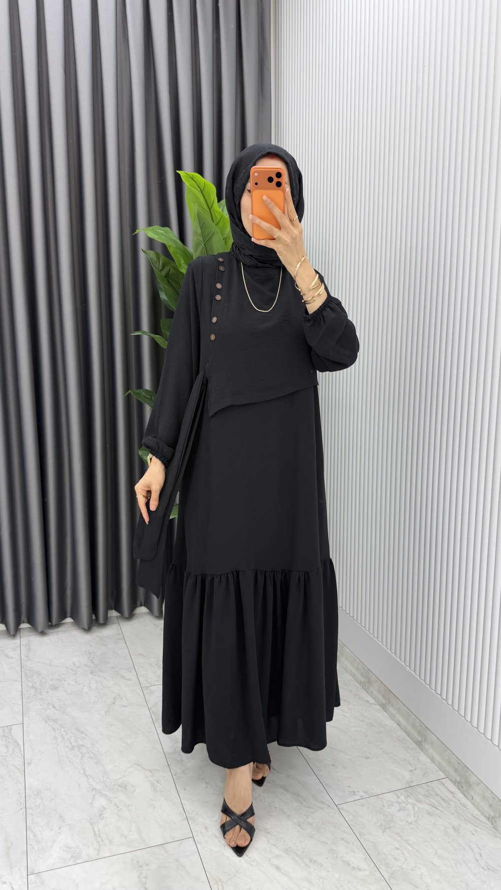 Siyah Ceyşan Elbise Premium Seri Tam Boy Tesettür Giyim — Siyah