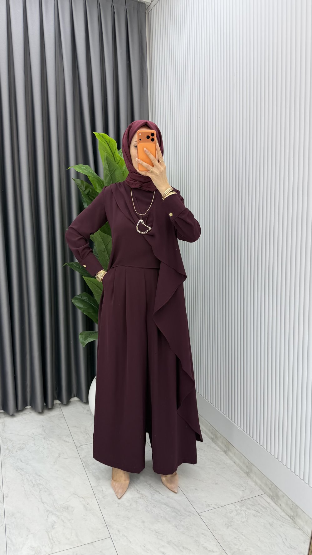 Mürdüm Nazlı Takım Premium Seri Borş Detaylı Tesettür Giyim — Mürdüm