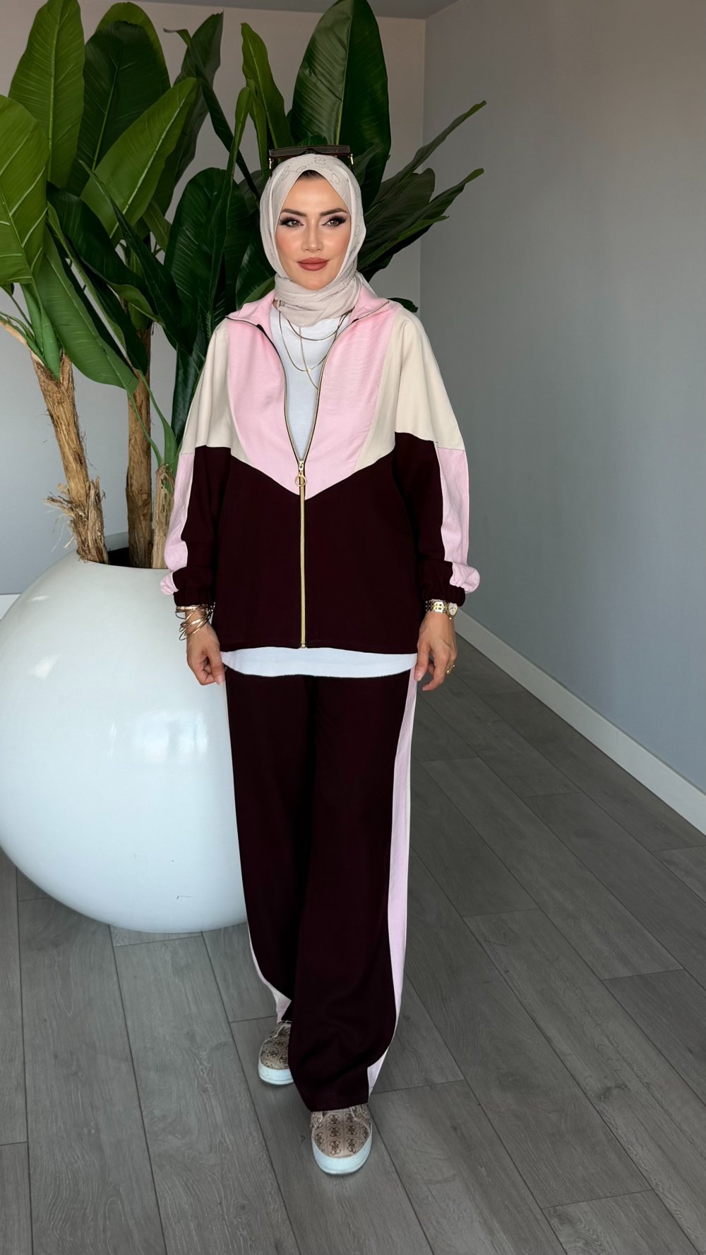 Sarı Başak Takım Genç Kadın Fermuarlı Spor Premium Seri Modal Kumaş Tesettür Giyim — Mürdüm
